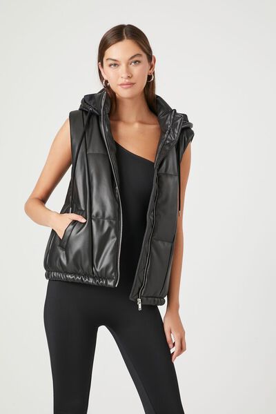 Hooded Faux Leather Puffer Vest | Forever 21 | Forever 21 (US)