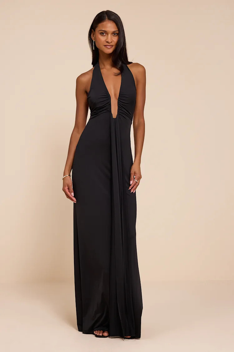 Dorena Black Jersey Knit Halter Sash Maxi Dress | Lulus