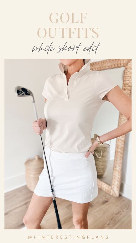 Golf outfits! 

Small 17” spanx skort - use code RACHELXSPANX for a discount. I linked a save option as well. Wearing small in the sweatshirt.  

Xs textured skort and xs quick dry polo.  

Sneakers true to size.  



#LTKfit #LTKshoecrush #LTKunder100