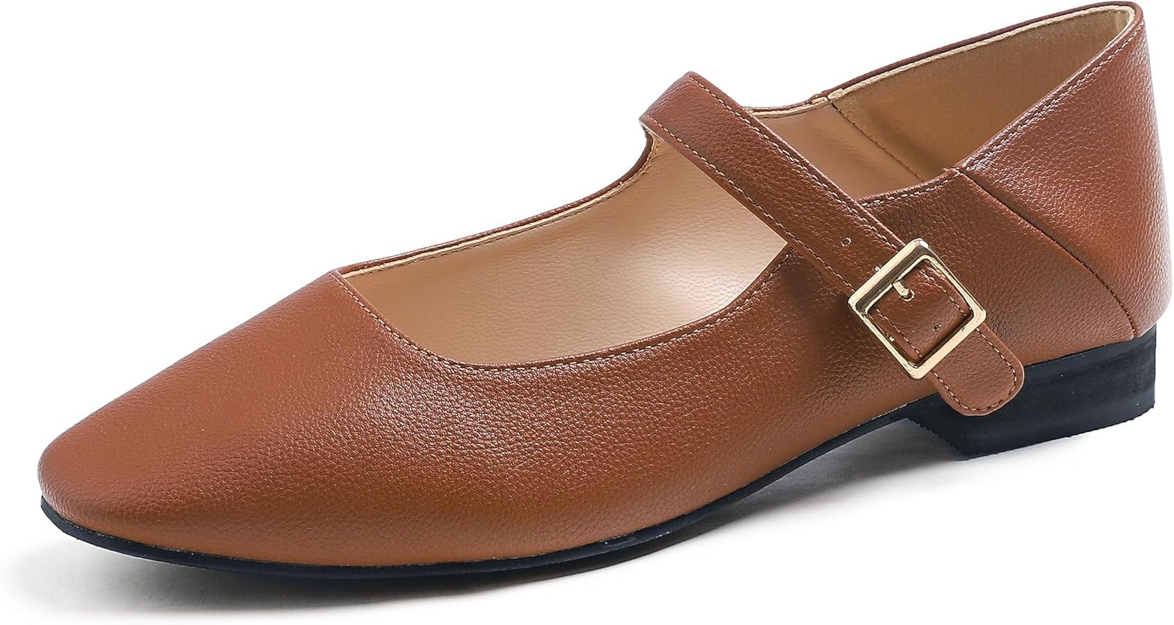 FEVERSOLE Women's Mary Jane Fashion Square Toe Easy Buckle Low Heel Slip On Flats | Amazon (US)