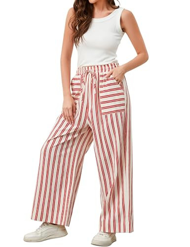 NENOKED Womens Wide Leg Striped Pants High Waist Drawstring Loose Fit Flowy Pajama Lounge Pants with Pockets Red White | Amazon (US)