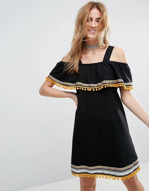 ASOS Cold Shoulder Sundress with Embroidery and Pom Poms | ASOS US