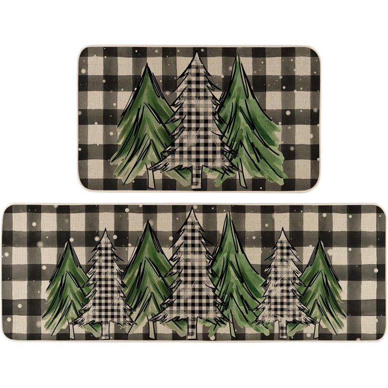 Merry Christmas Trees Kitchen Rugs Set of 2, Xmas Winter Welcome Buffalo Plaid Door Mat Anti-Slip... | Walmart (US)