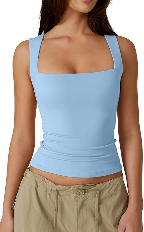 QINSEN Women's Square Neck Sleeveless Double-Layer Tank Tops Basic Tight T Shirts | Amazon (US)