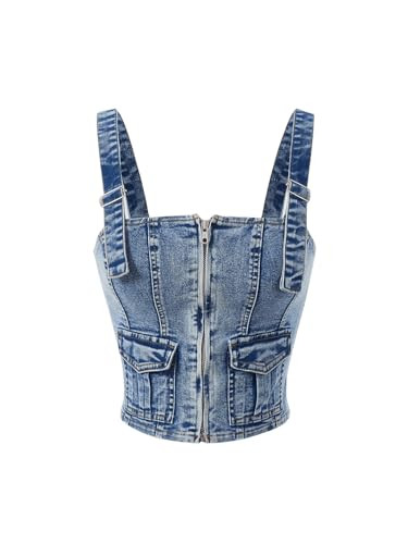 SHENHE Women's Zip Up Denim Top Adjustable Strap Sleeveless Jean Crop Top with Pockets Dark Wash X-Small | Amazon (US)