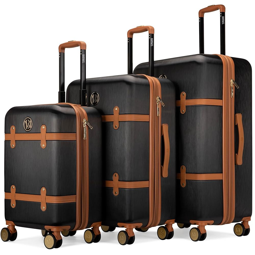 Badgley Mischka Grace 3 Piece Polycarbonate-ABS Expandable Retro Luggage Set (Black) | Amazon (US)