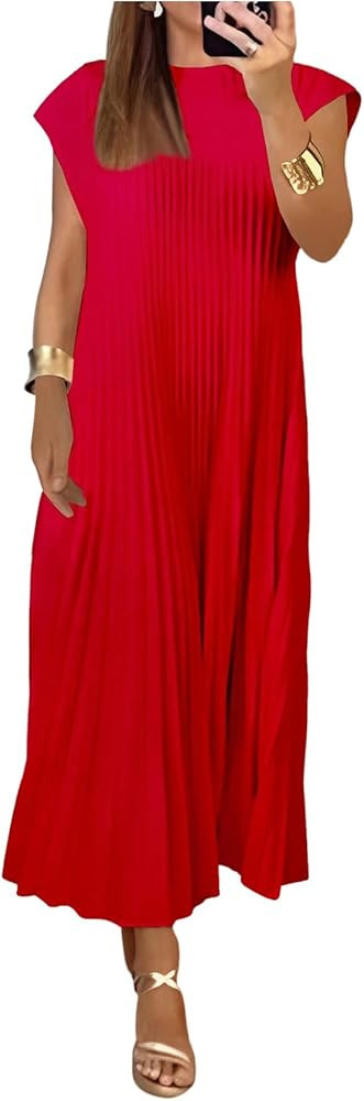 GORGLITTER Women's Pleated Flowy Chiffon Church Dresses Elegant Summer Short Sleeve Wedding Guest... | Amazon (US)