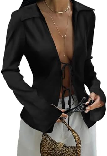 Cicy Bell Womens Sexy Tie Front Shirts Deep V Neck Silk Club Tops Long Sleeve Y2k Going Out Blous... | Amazon (US)