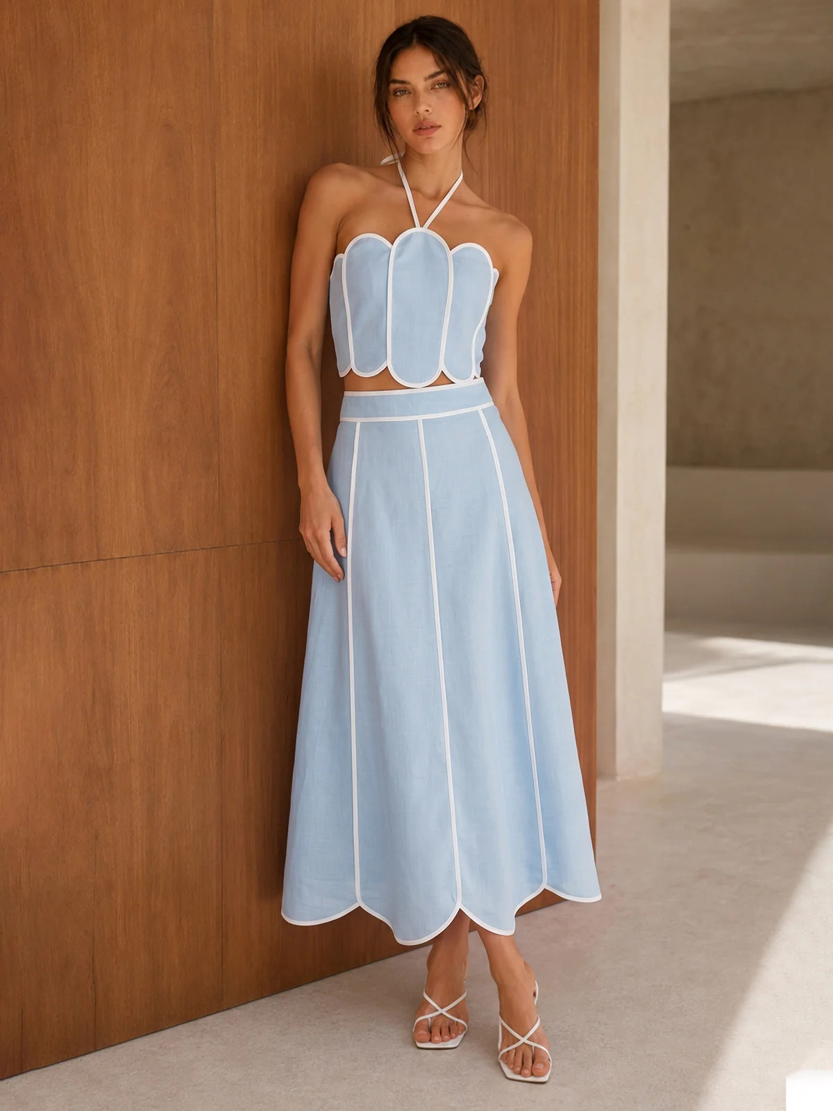 Scallop Trim Halter Crop Top & Skirt Set | Commense