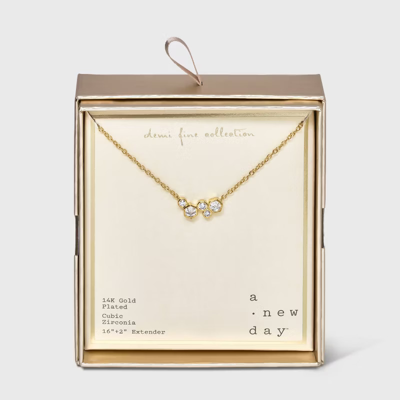 14K Gold Plated Multi Hexagon Cluster Cubic Zirconia Chain Necklace - A New Day™ Gold | Target