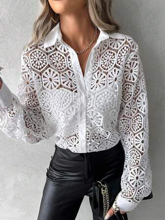 SHEIN LUNE Long Sleeve Lace Shirt | SHEIN USA | SHEIN