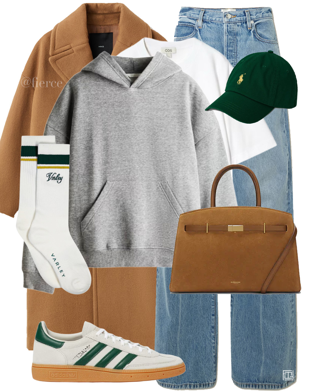 tan brow wool coat blue jeans green baseball cap blue loose jeans beige green adidas samba grey hoodie brown tan suede mini tote bag white and green sports socks white tshirt casual sporty look weekend city break travel coffee break lunch shopping school run 

 #LTKuk #LTKautumn #LTKwinter