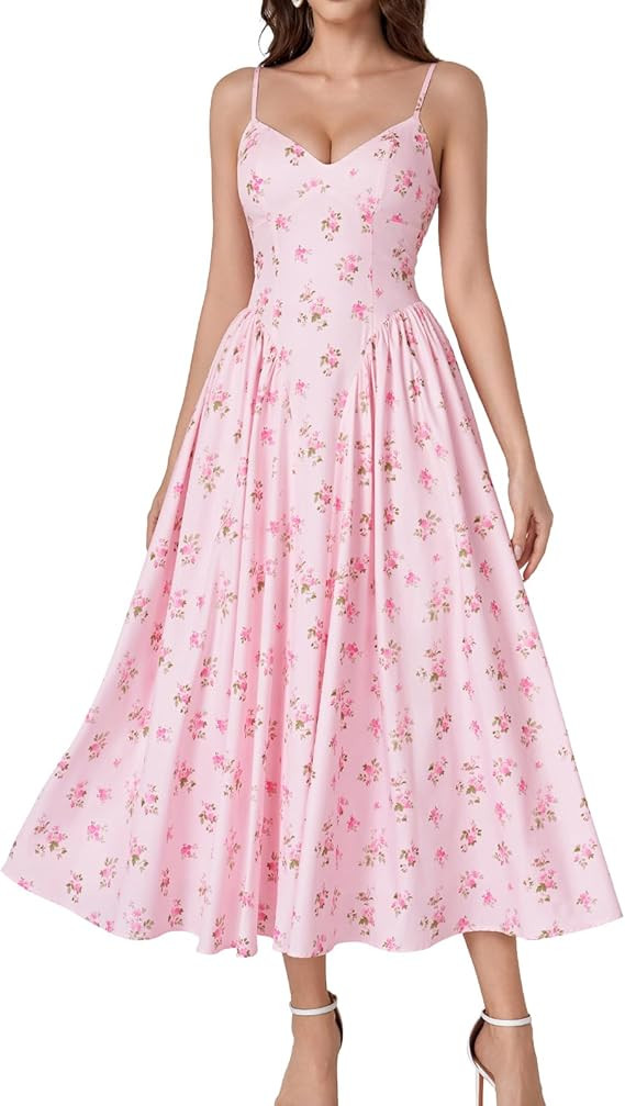 GLNEGE Women's Floral Corset Midi Dress Summer Wedding Guest Flowy Dresses V Neck Lace Up Tea Par... | Amazon (US)