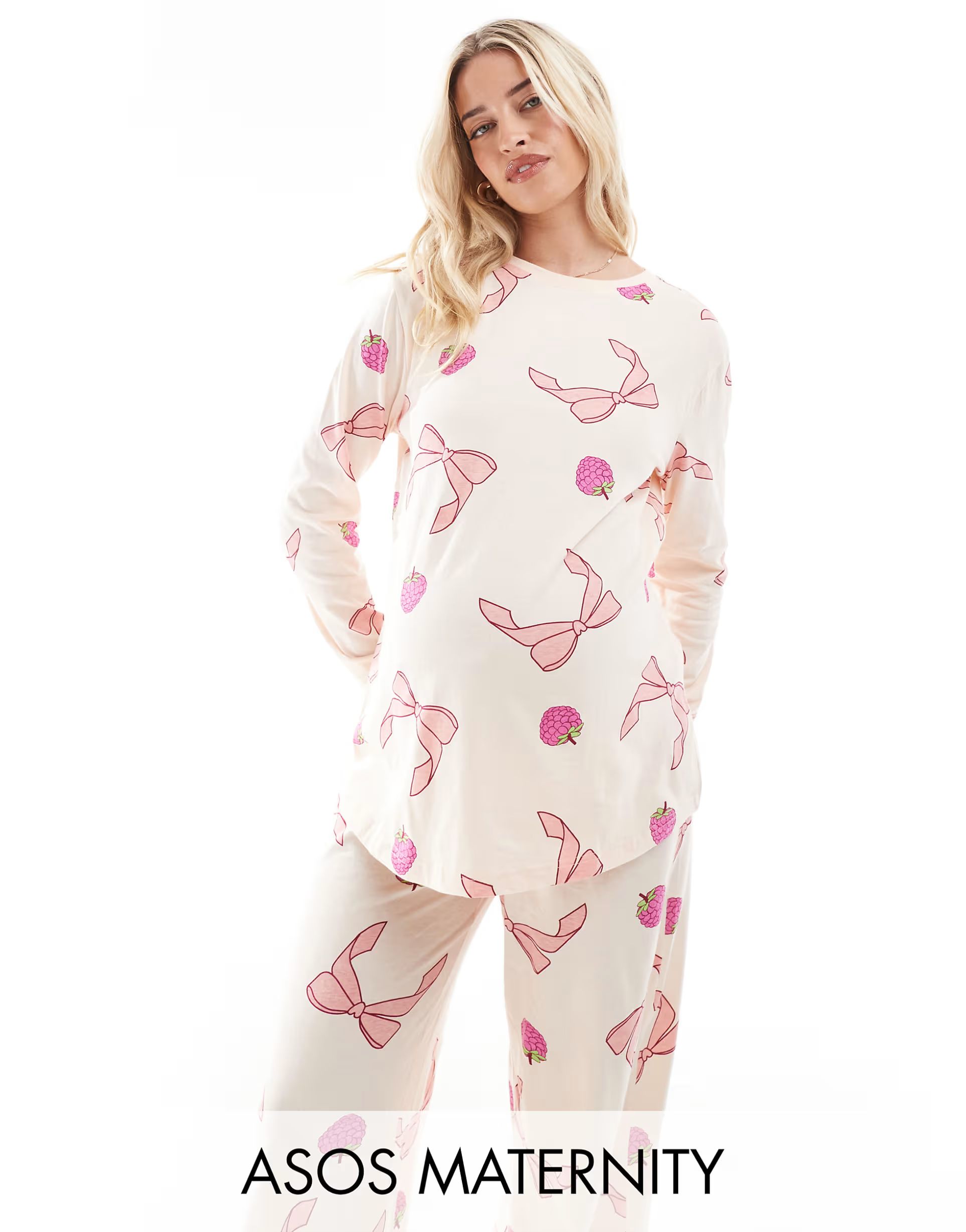 ASOS DESIGN Maternity bow and fruit long sleeve top & trouser pyjama set in pink | ASOS (Global)