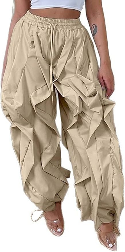 LETSVDO Women's Baggy Ruffle Fringe Pants Drawstring Elastic Waist Barrel Lantern Parachute Wide ... | Amazon (US)