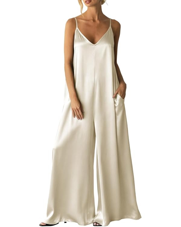 Womens Satin Wide Leg Jumpsuits Dressy Casual Flowy Spaghetti Strap Date Night Rompers One Piece ... | Amazon (US)