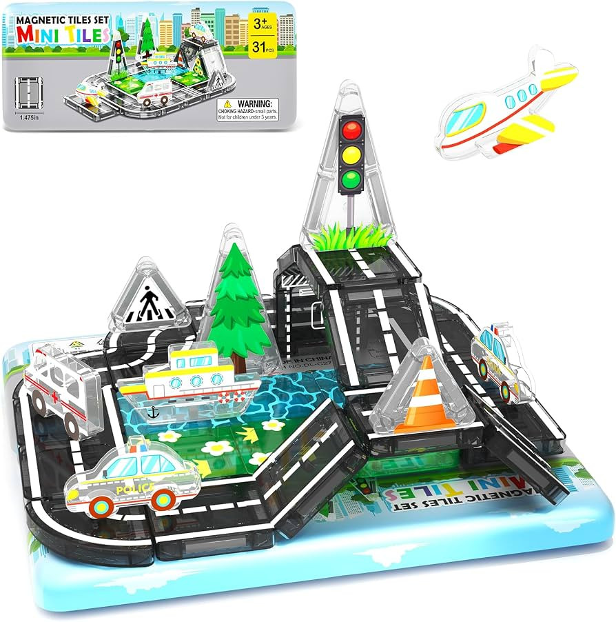 Road Mini Magnetic Tiles with Case Travel Toys for 3+ Year Old Boys Girls | Amazon (US)