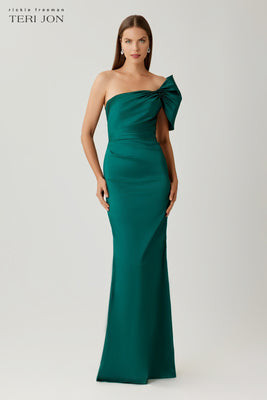 Taffeta Bow One Shoulder Ruched Gown | TERI JON