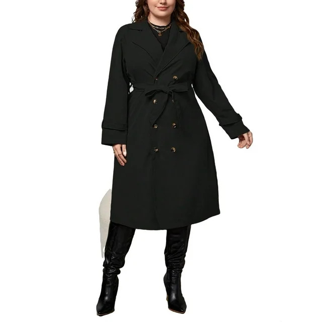 Casual Plain Lapel Neck Long Sleeve Black Plus Size Trench Coats (Women's) - Walmart.com | Walmart (US)