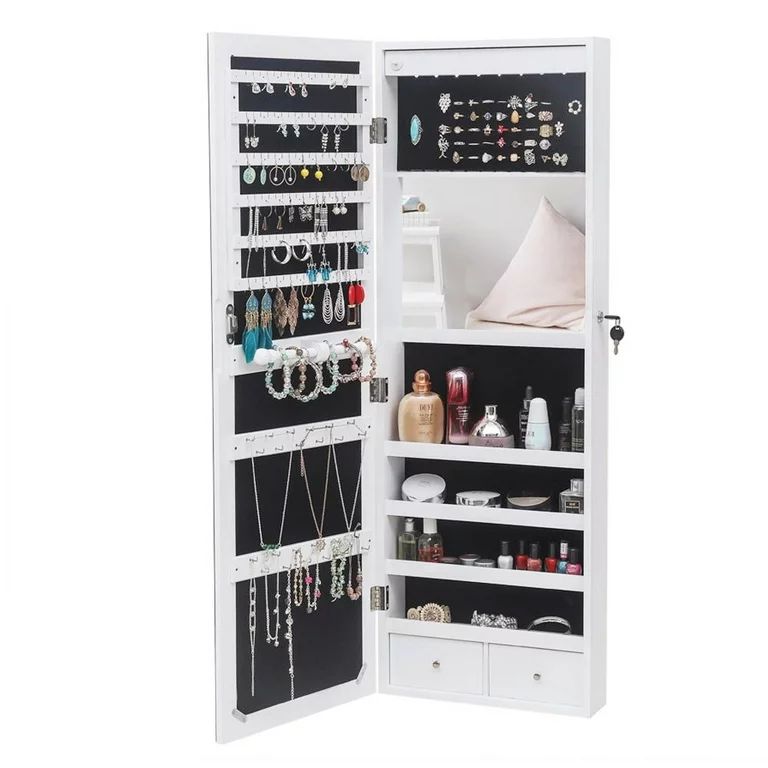 Ktaxon LED Mirrored Jewelry Cabinet Organizer, Wall Mounted Jewelry Armoire, White | Walmart (US)