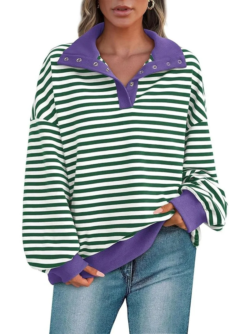 PRETTYGARDEN Women's Oversized Striped Sweatshirts Spring Fall Trendy Casual Long Sleeve Button U... | Walmart (US)