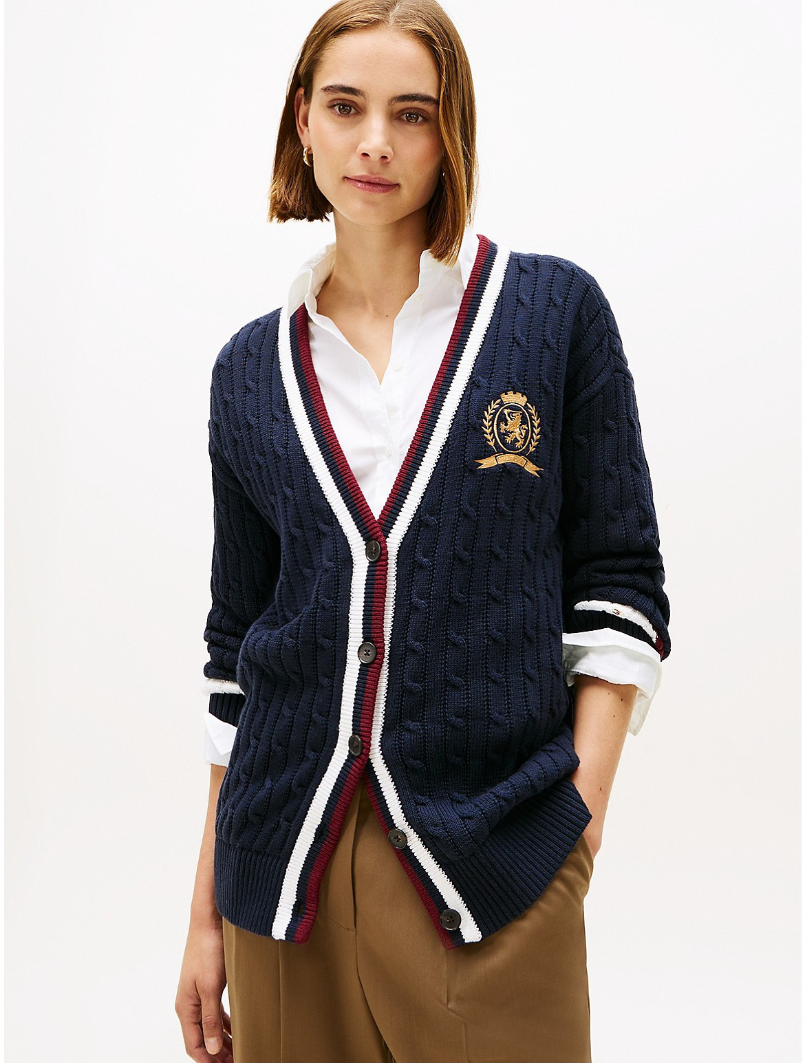 Tommy Hilfiger Women's Cable Knit Crest Logo Varsity Cardigan - Navy - M | Tommy Hilfiger (US)