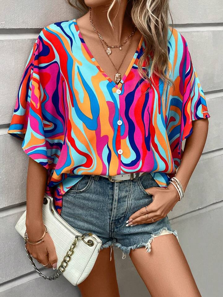 SHEIN LUNE Allover Print Batwing Sleeve Blouse | SHEIN