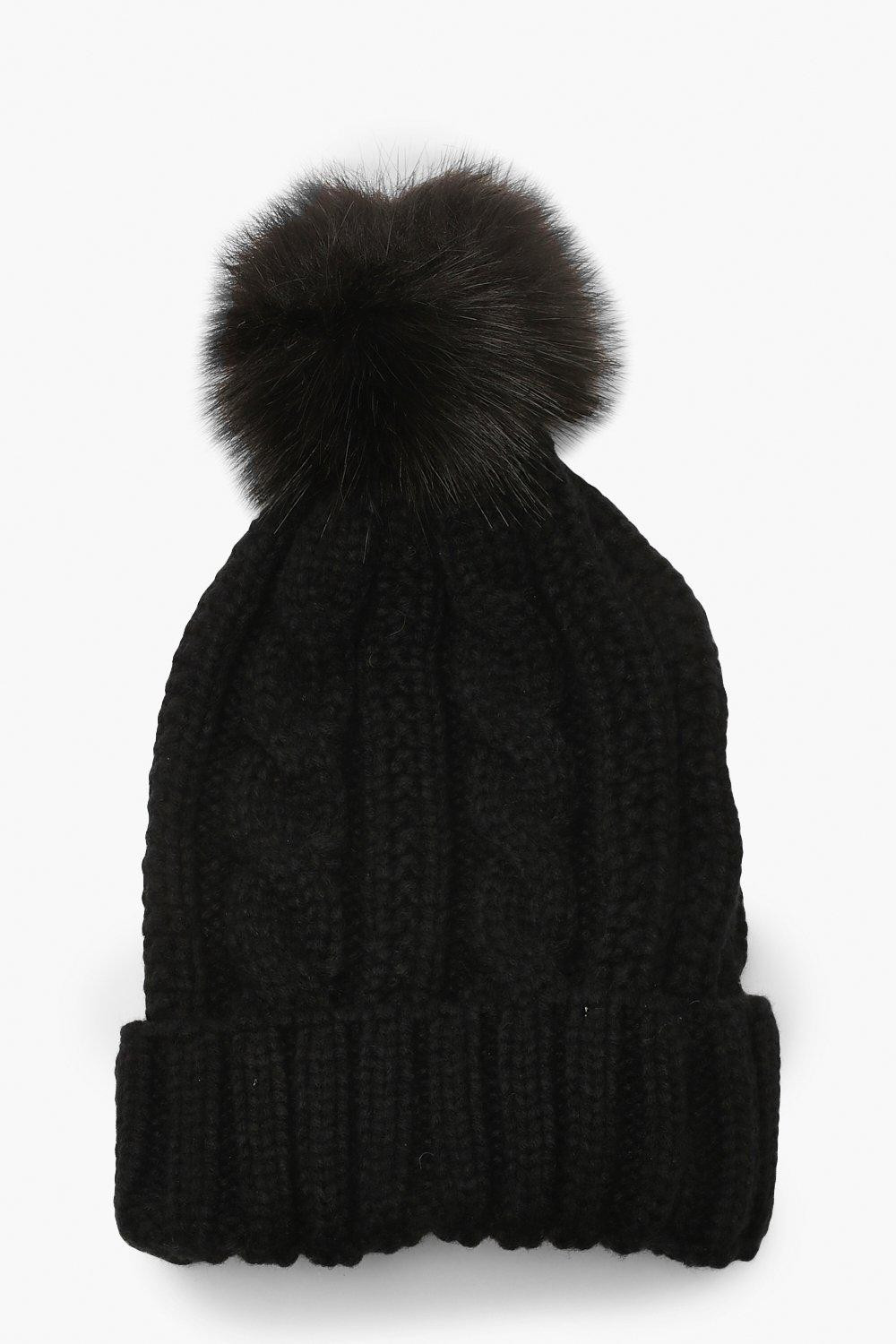 Cable Knit Faux Pom Beanie | Boohoo.com (US & CA)