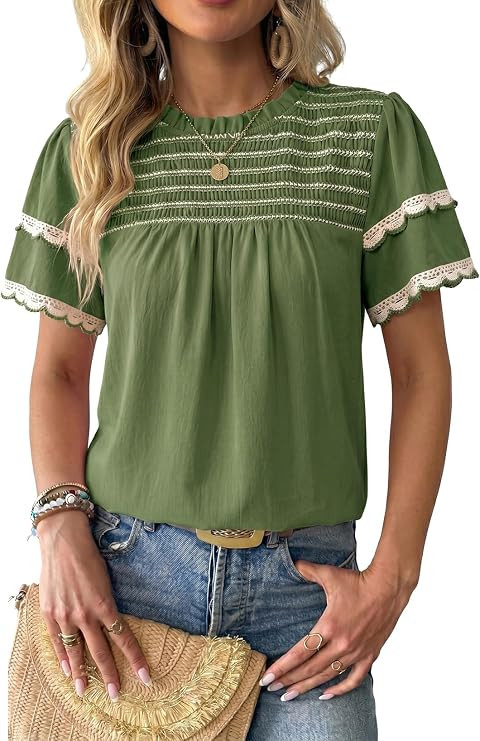 Dokotoo Womens Summer Smocked Tops Crewneck Short Ruffle Sleeve Blouses | Amazon (US)