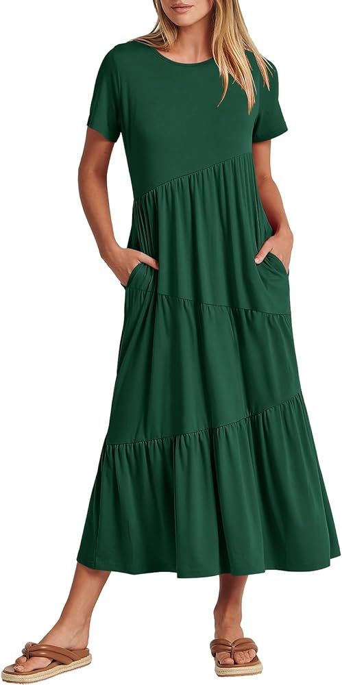 ANRABESS Womens Summer Casual Short Sleeve Crewneck Swing Maxi Dress Flowy Asymmetric Tiered Beac... | Amazon (US)