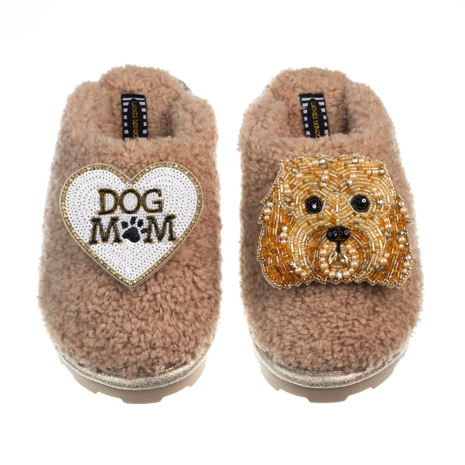 Teddy Closed Toe Slippers With Enki Doo & Dog Mum / Mom Brooches - Toffee | Wolf & Badger