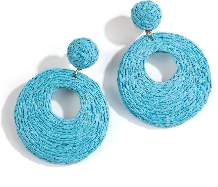 Statement Raffia Circle Earrings, Boho Rattan Earrings for Women - Handwoven Straw Round Earrings | Amazon (US)