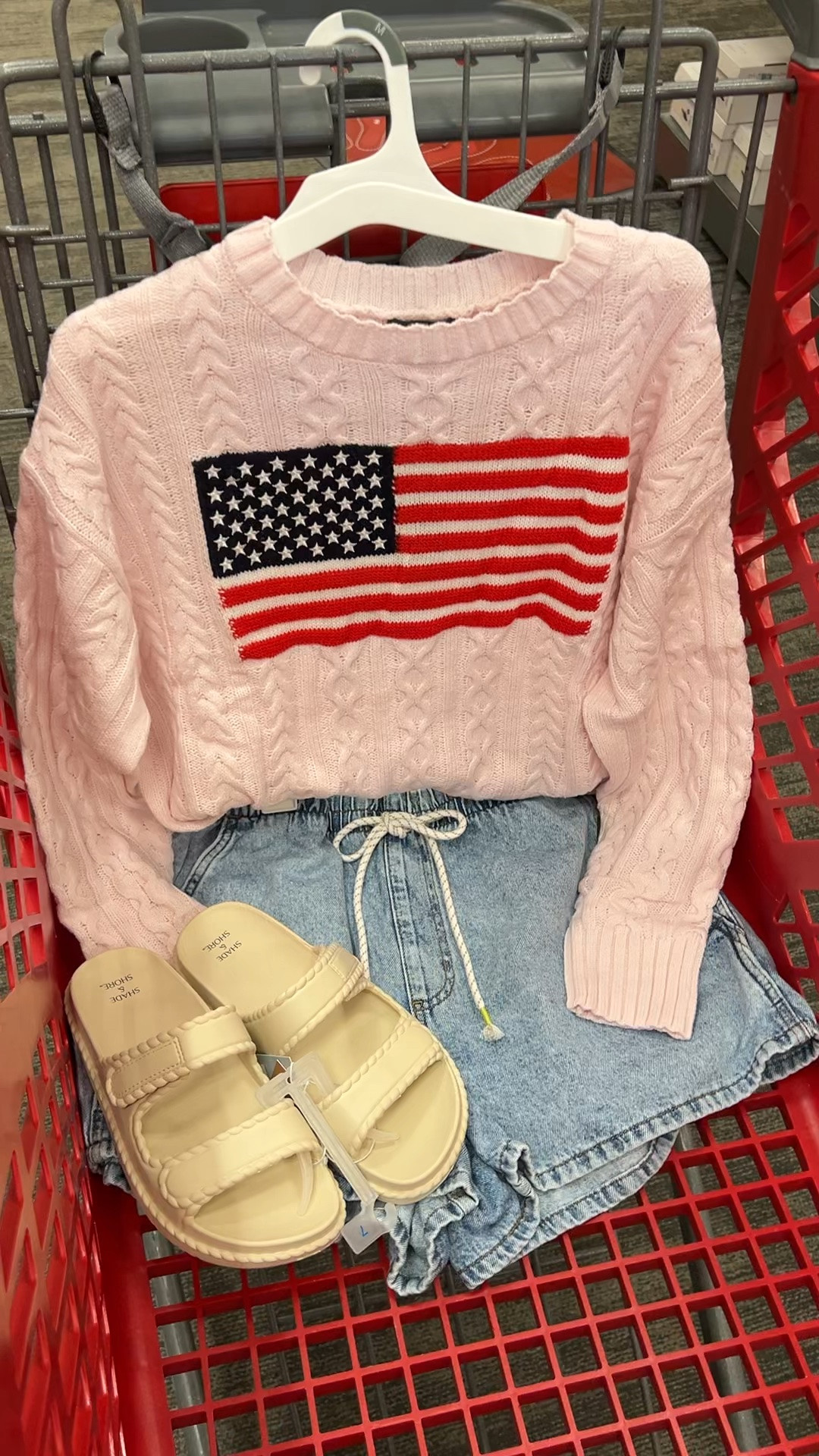 Target spring summer outfit idea with this USA American flag sweater and pull on denim shorts combo! #targetstyle