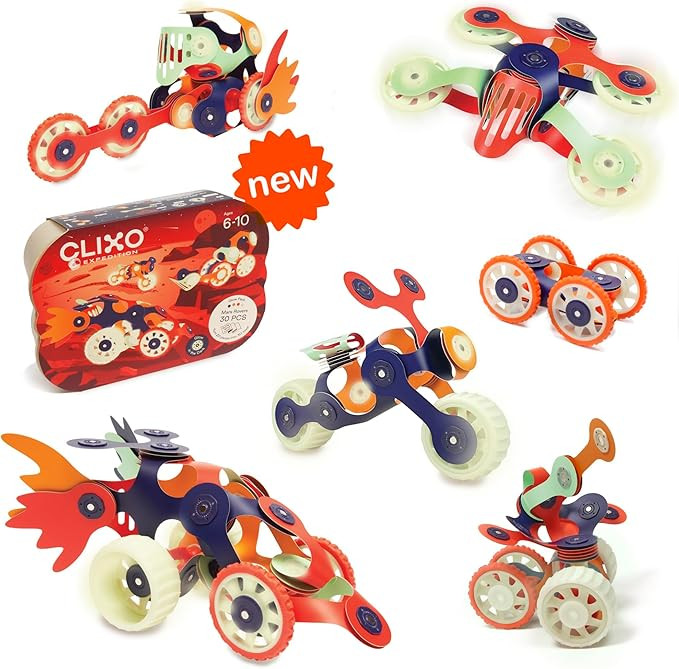Clixo Mars Rover Pack - Glow-in-The-Dark Wheels Magnetic Building Toy - 30 Flexible Magnet Pieces... | Amazon (US)
