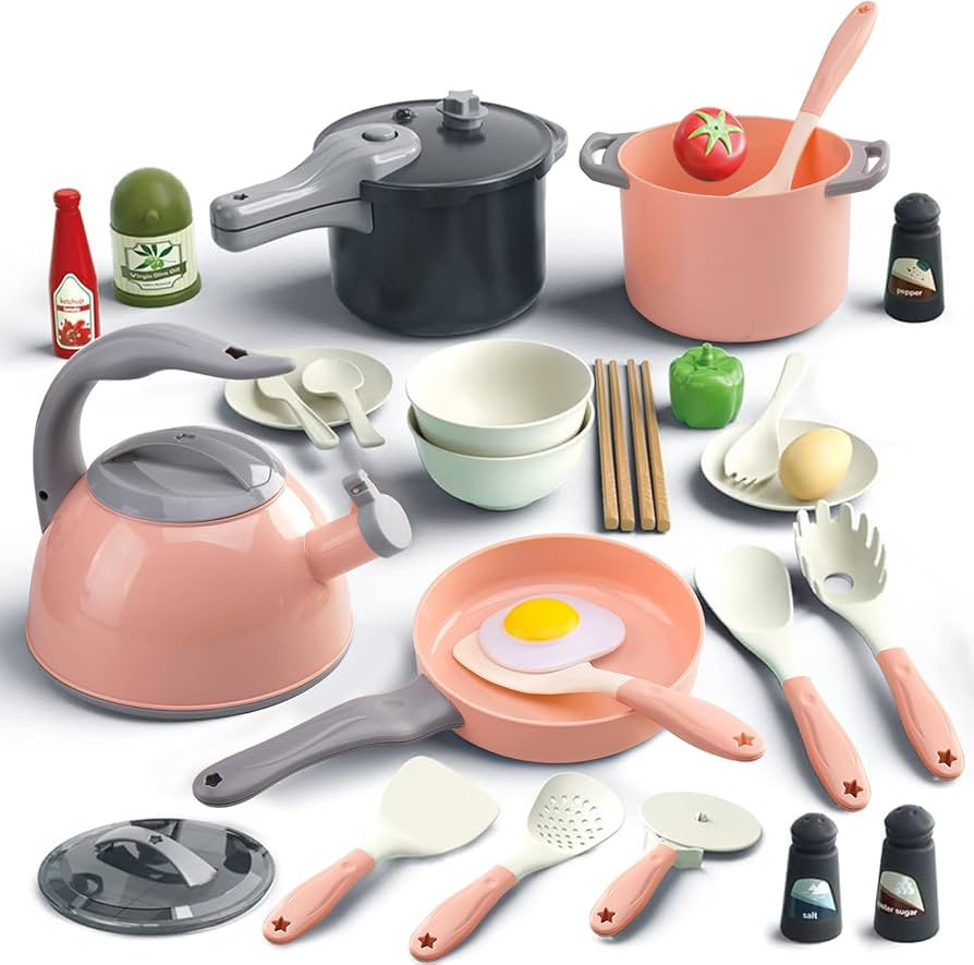 Bruvoalon 32Pcs Kids Play Kitchen Toys Set, Toddlers Pretend Cooking Playset Acccessories with Po... | Amazon (US)