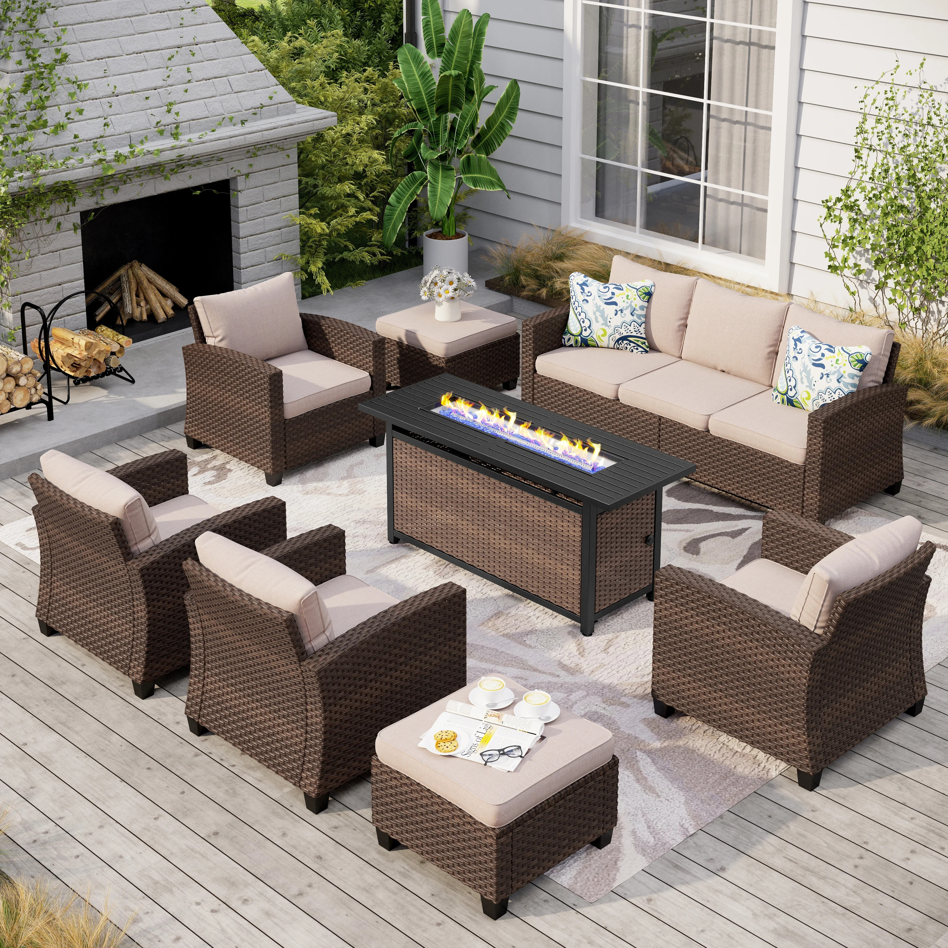 Argyri 9 - Person Outdoor Wicker Patio Conversation Furniture Set with Optional Fire Pit Table | Wayfair North America