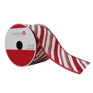 2.5" x 20ft. Red & White Double Striped Wired Taffeta Glitter Ribbon by Celebrate It® Christmas | Michaels Stores