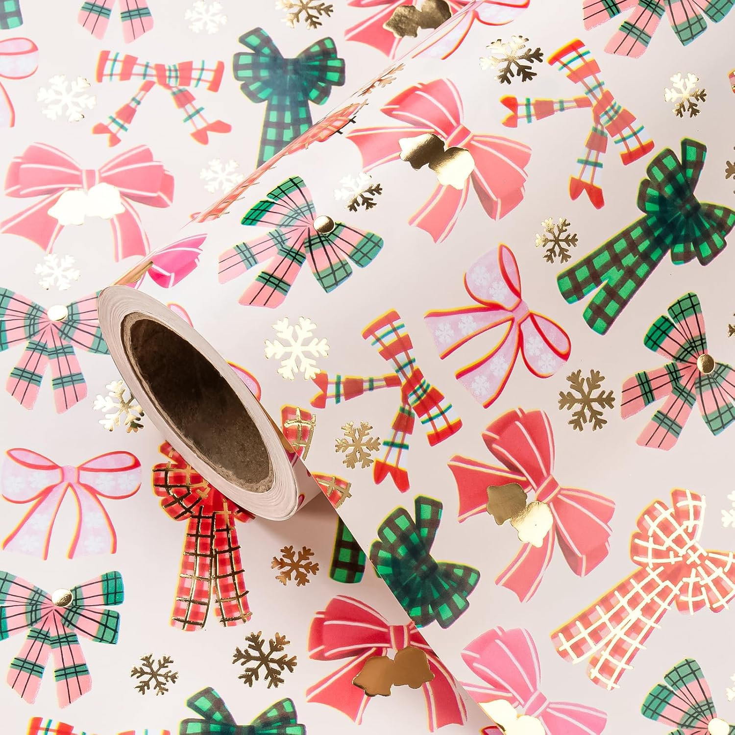 WRAPAHOLIC 30 Inch Bow Christmas Wrapping Paper - Mini Roll - 17 Inch x 16.5 Feet - Gold Foil Snoflakes and Plaid Bow Wrapping Paper for Girl Boy Kids, Christmas, Holiday | Amazon (US)