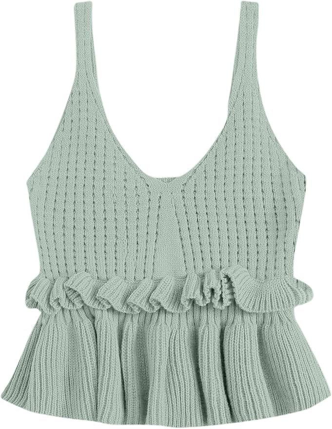 Remidoo Women's Casual Knitted Sleeveless V Neck Ruffle Cropped Peplum Cami Top | Amazon (US)