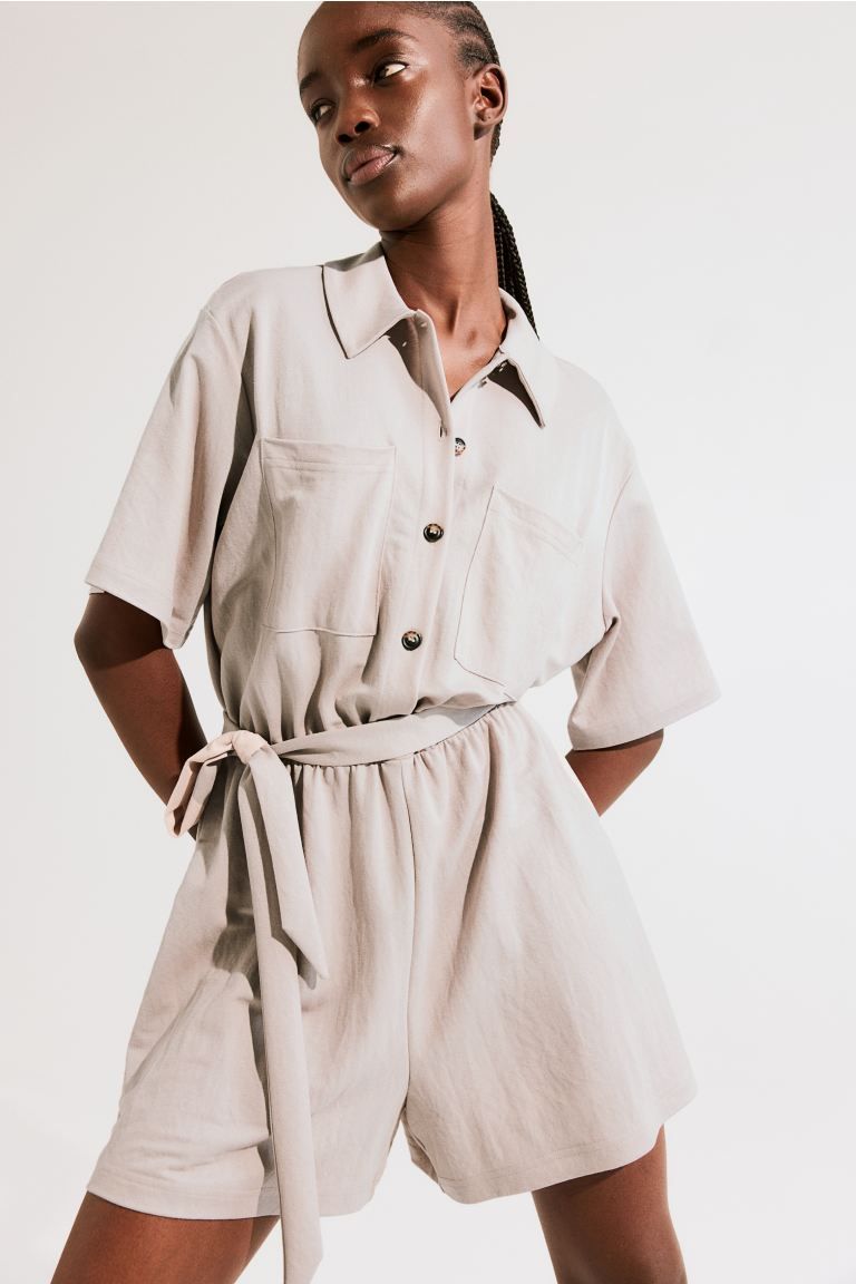 Textured Jersey Romper - Light beige - Ladies | H&M US | H&M (US + CA)