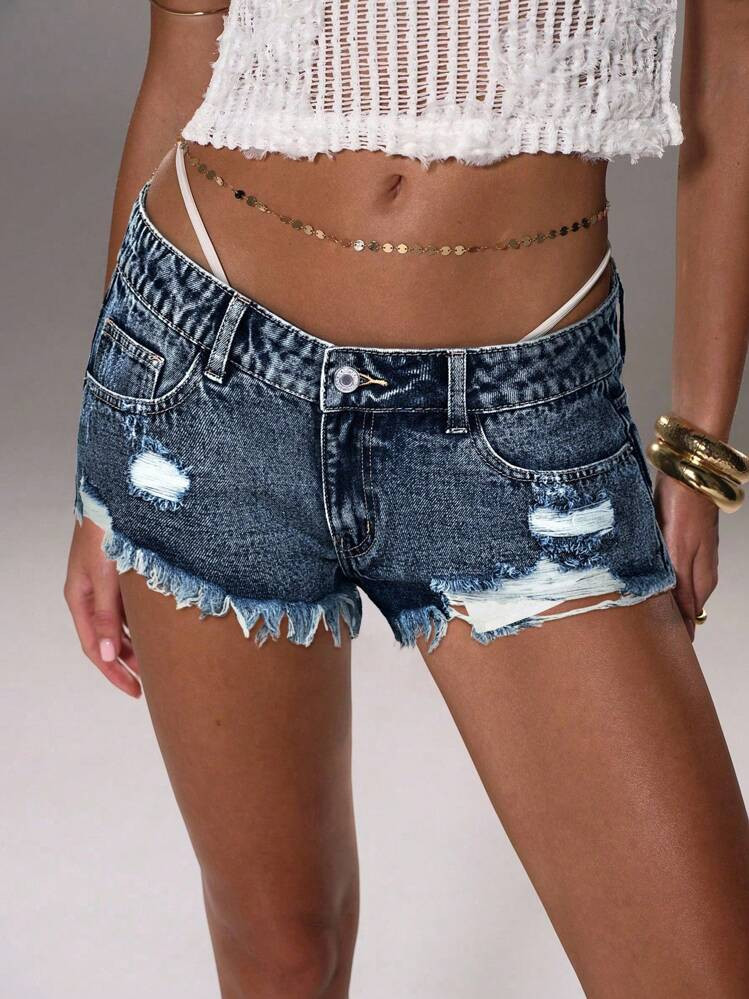 TRNVIE Casual Washed Low Waist Ripped Fringed Denim Shorts | SHEIN