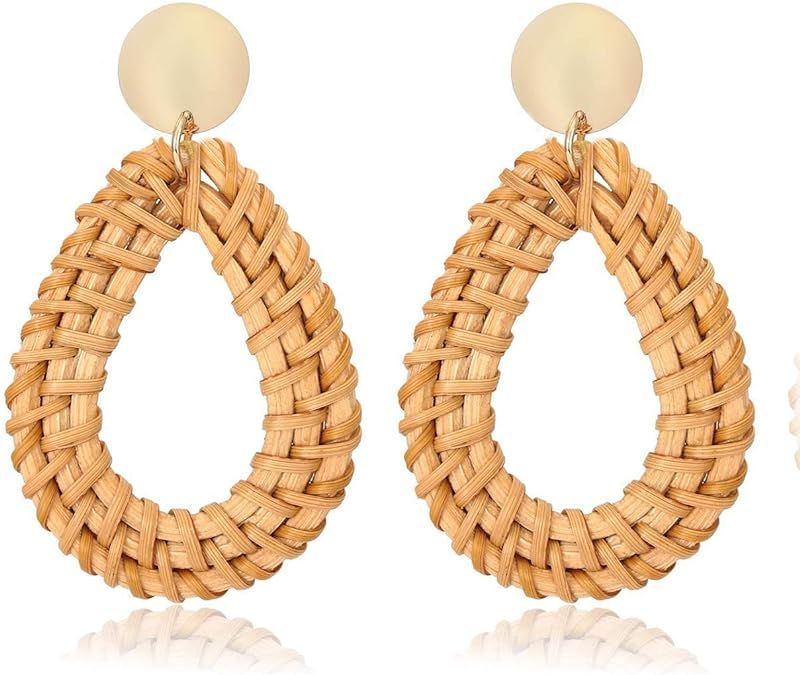 Weave Straw Double Disc Drop Earrings Boho Rattan Dangle Statement Earrings | Amazon (US)