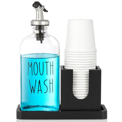 Glass Mouthwash Dispenser for Bathroom, 16 OZ Mouthwash Dispenser with Pour Spout and Wood Cup Holder and Tray, Mouth Wash Bottle Container, Black Kitchen Bathroom Decor and Accessories | Amazon (US)