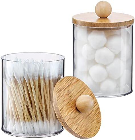 2 Pack Qtip Holder Dispenser with Bamboo Lids - 10 oz Clear Plastic Apothecary Jar Containers for... | Amazon (US)
