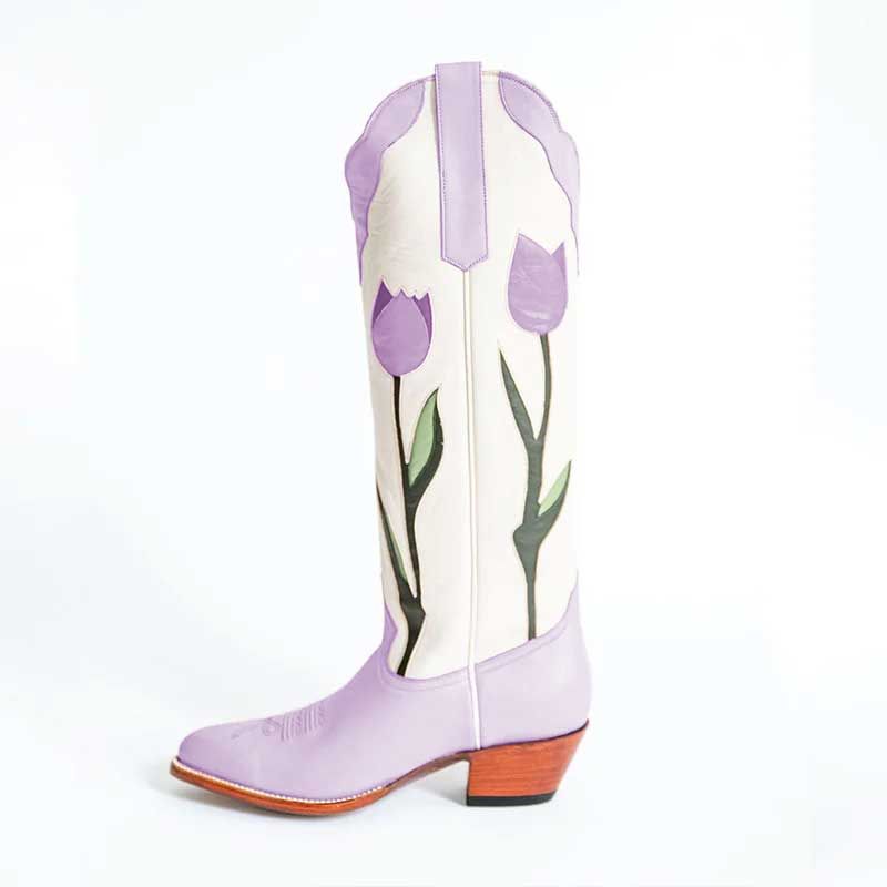 Light Purple Tulips Chunky Heel Knee High Cowboy Boots for Women | FSJshoes