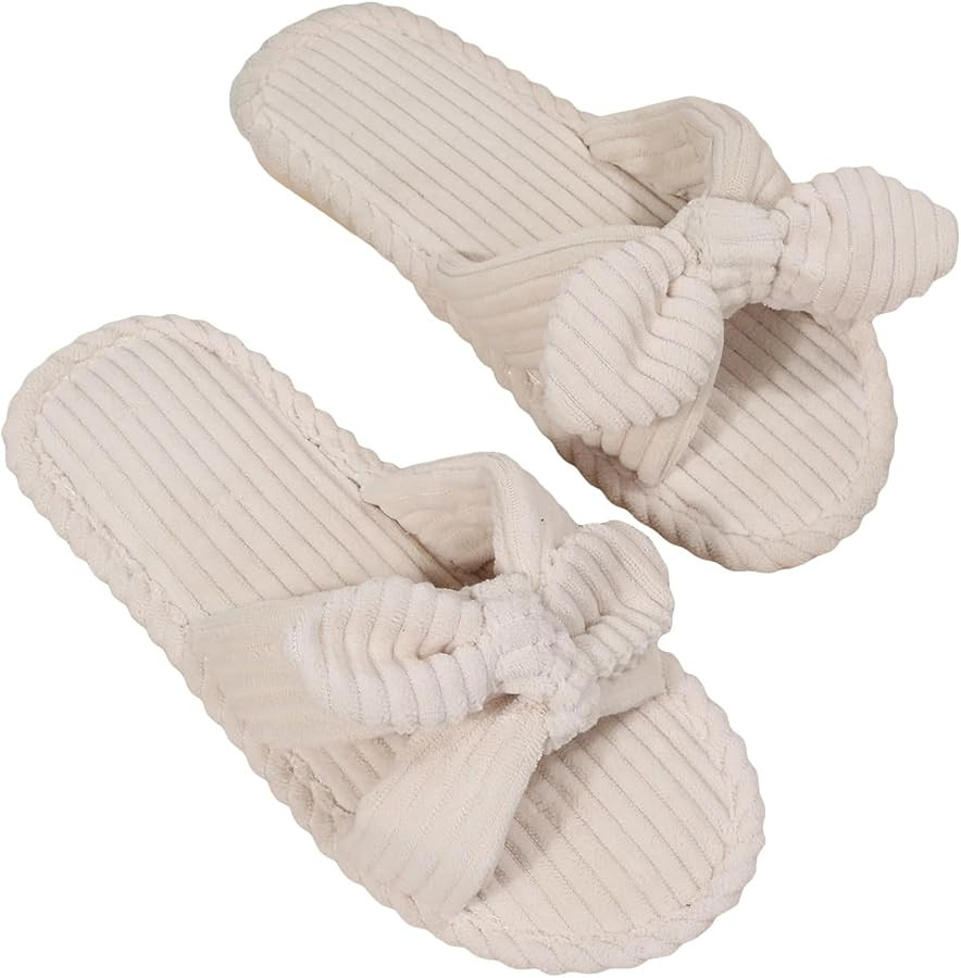 Verdusa Women's Bow Knot Corduroy Bedroom Slippers Memory Foam House Slides | Amazon (US)
