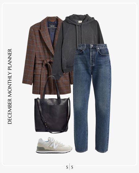 Monthly outfit planner: DECEMBER: Winter looks | plaid belted blazer, hooded sweatshirt, straight leg 90s pinch jean, sneaker, everyday tote

See the entire calendar on thesarahstories.com ✨ 

#LTKstyletip