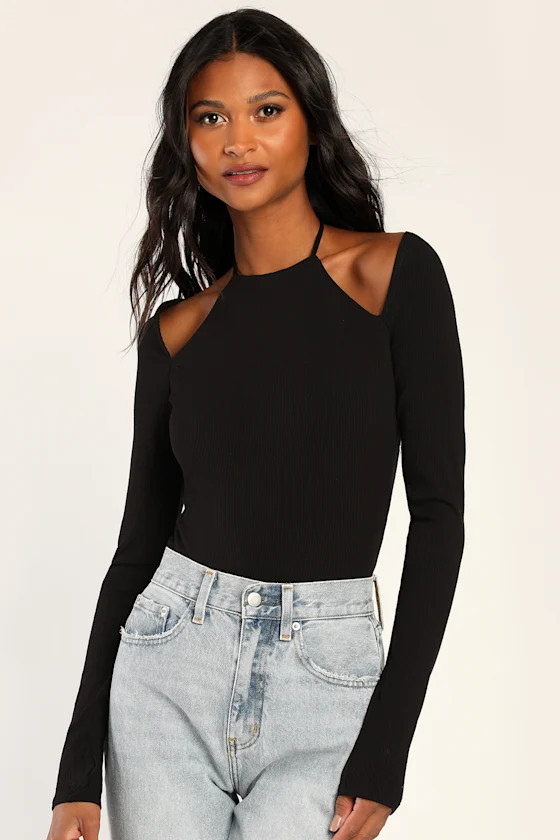 Cutie O'Clock Black Ribbed Knit Long Sleeve Halter Bodysuit | Lulus (US)