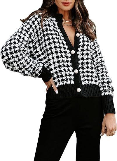 Dokotoo Cardigan Sweaters for Women V Neck Button Down Long Sleeve Plaid Knit Cardigans Sweater T... | Amazon (US)