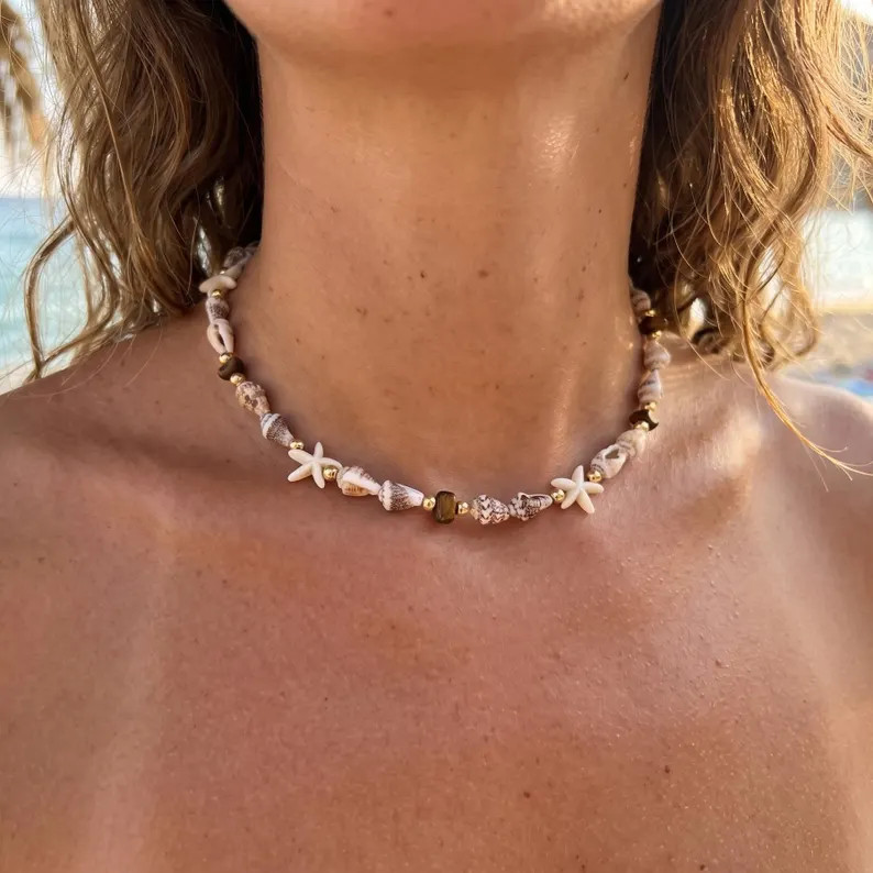 Real Seashell Choker Necklace, Dainty Gold Brass Shell Jewelry, Natural Stone Beach Necklace, Boh... | Etsy (Global)